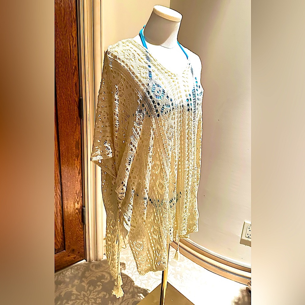 Cream Crochet Poncho swimsuit cover up